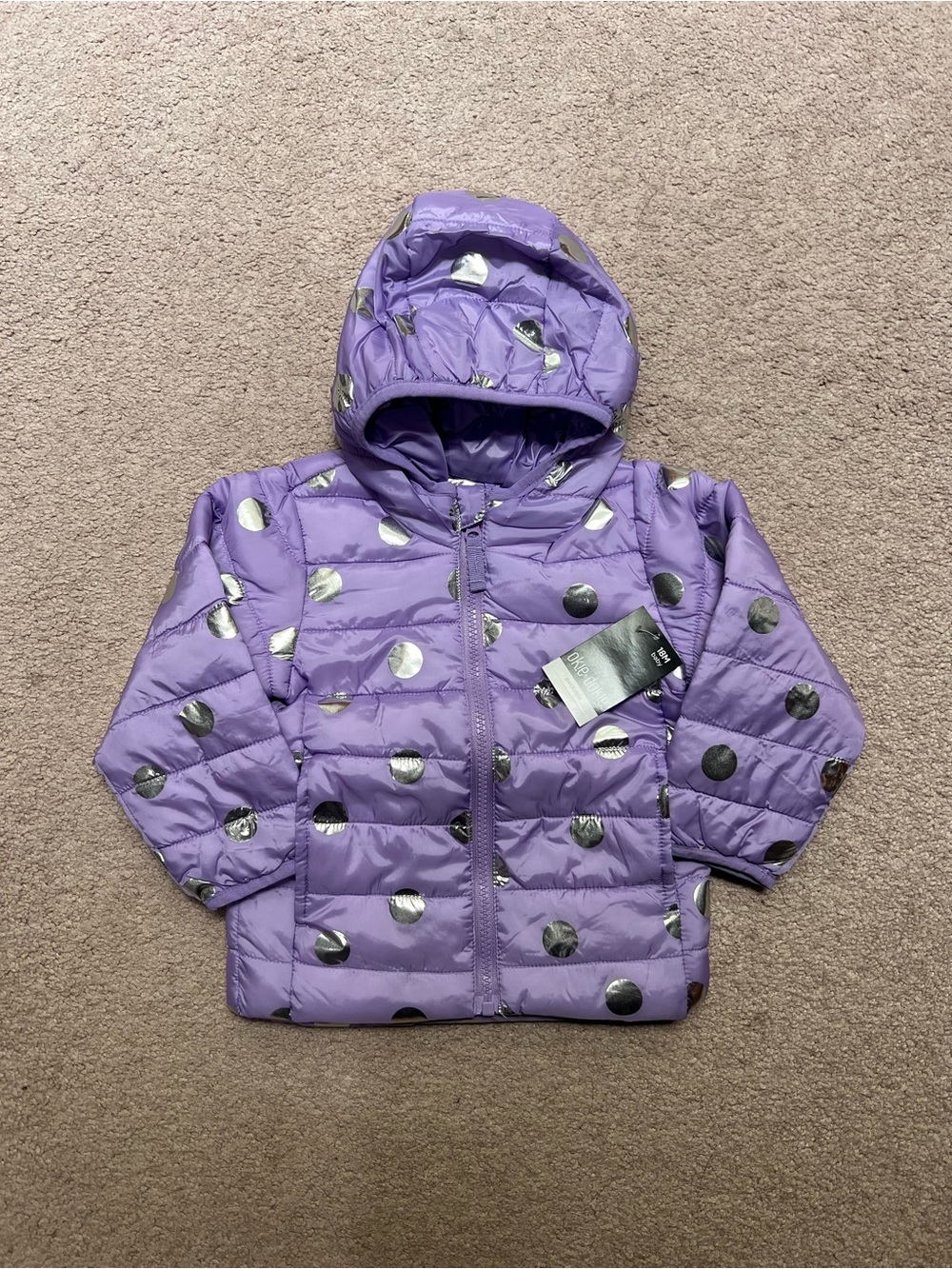 NWT okie dokie 18mo Purple Silver Polka Dot Hooded Puffer Jacket